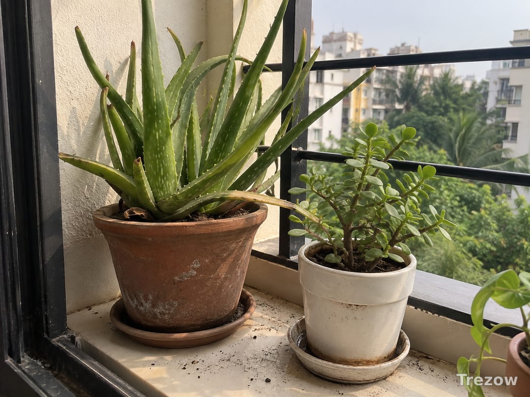 Aloe vera and jade plant in pots