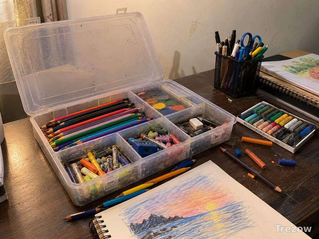 Art supplies box: pencils and pastels