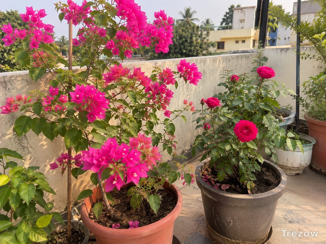 Bougainvillea and rose plants in pots
