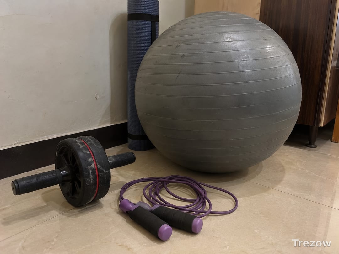 Gym ball, ab roller and skipping rope