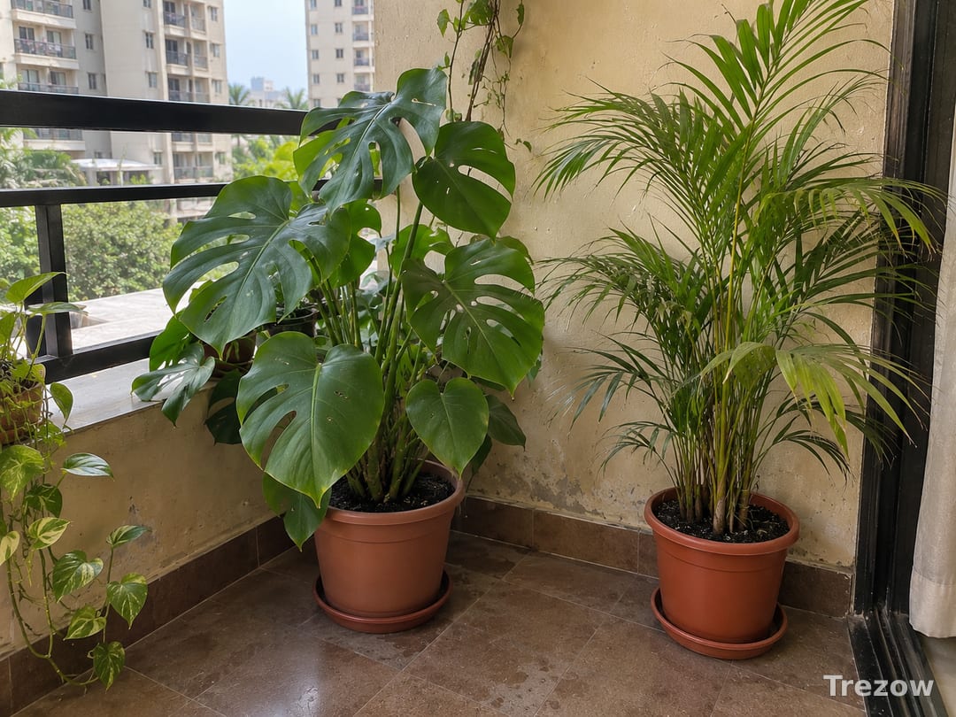 Monstera and areca palm in pots