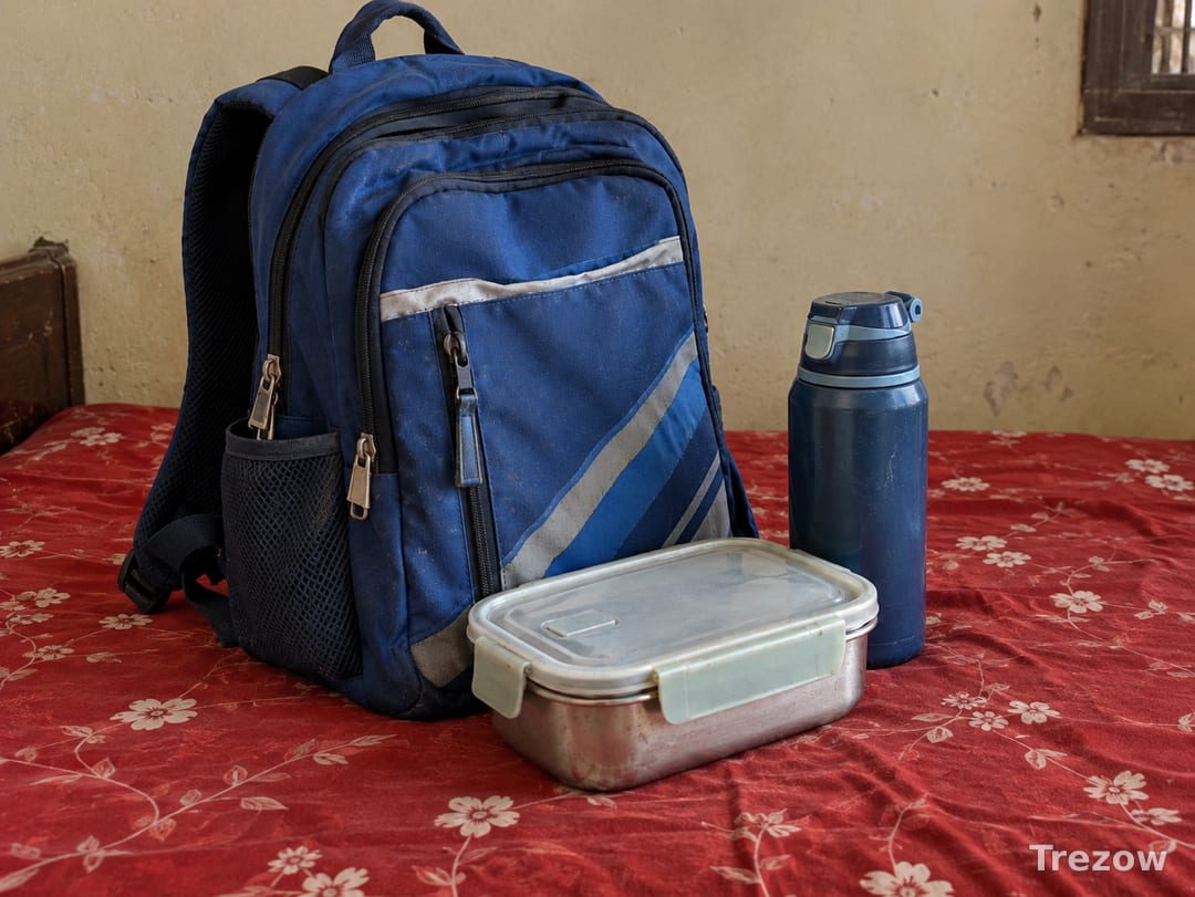 School bag with lunch box, bottle