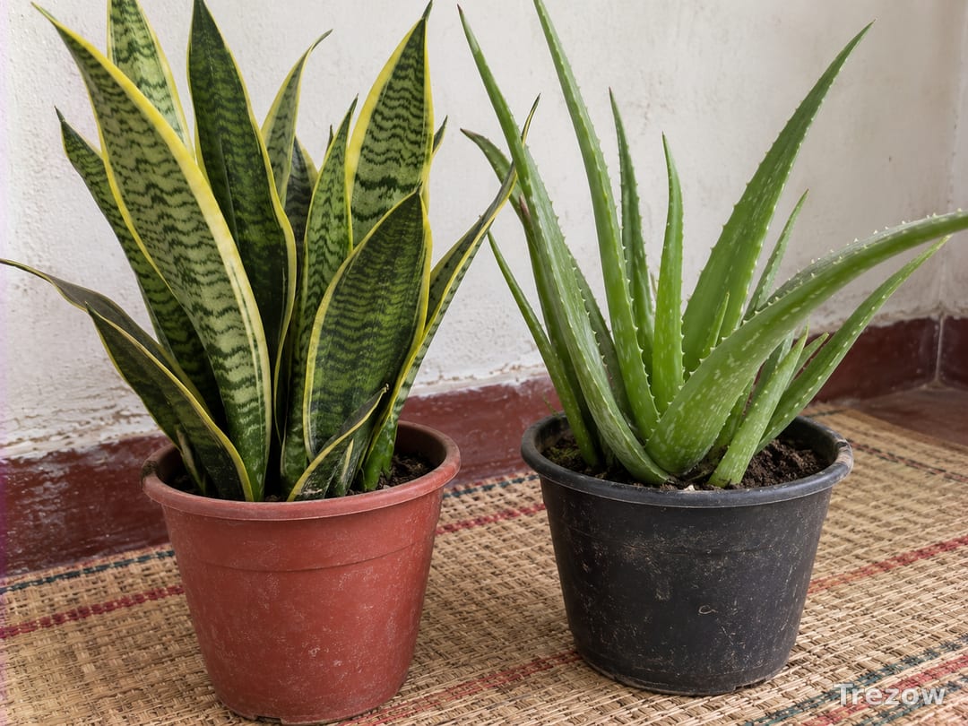 Snake plant and aloe vera in pots