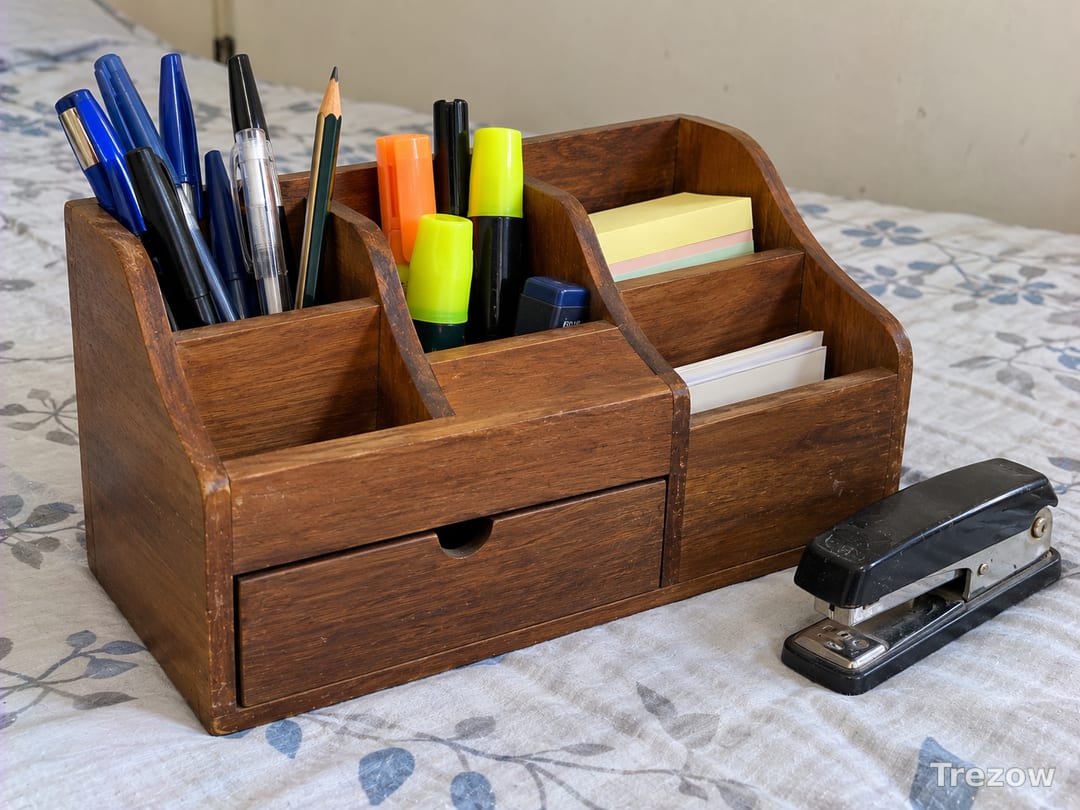 Wooden desk organiser with stationery