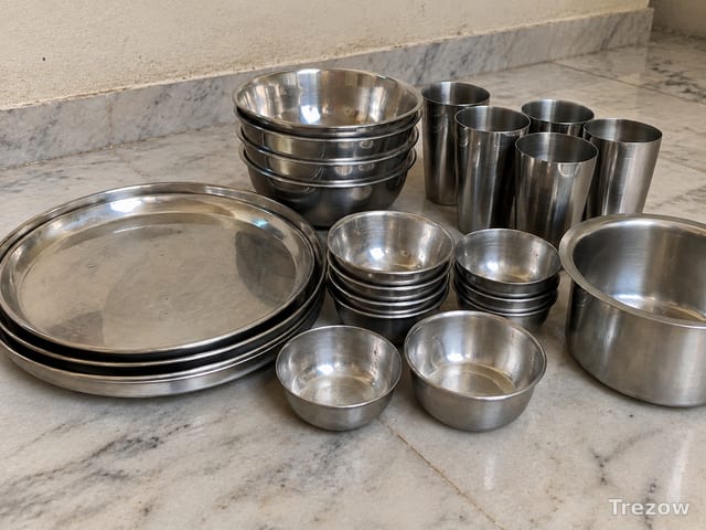 Steel plates, bowls and glasses set