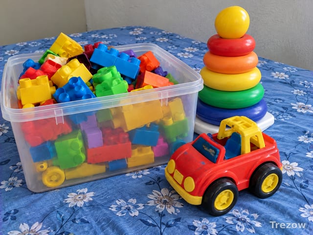 Toddler toys: blocks, rings, car